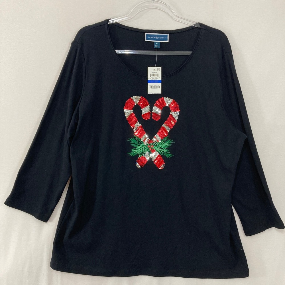 New Karen Scott Christmas Top XL Black Sequin Candy Cane Heart Holiday Shirt
